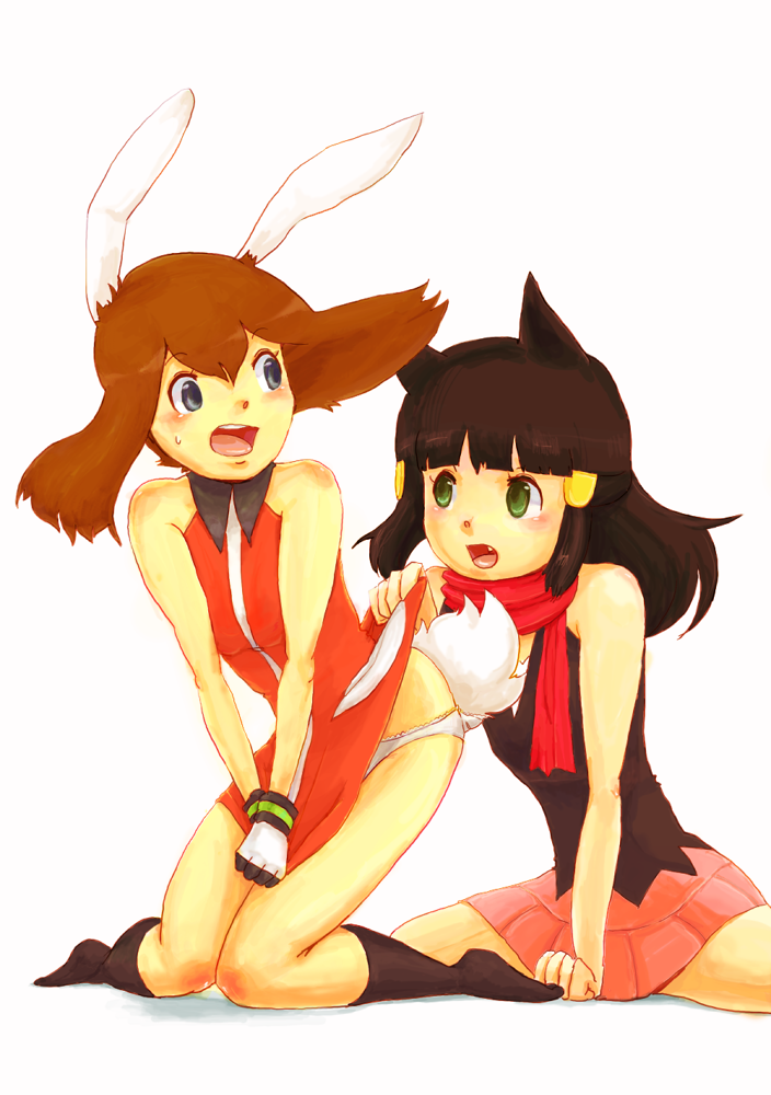 azuma yukihiko, dawn (pokemon), may (pokemon), nintendo, pokemon, bad id, bad pixiv id, 2girls, alternate costume, animal ears, black hair, brown hair, clothes lift, dress, dress lift, fang, green eyes, kemonomimi mode, kneeling, multiple girls, panties, rabbit ears, rabbit tail, red scarf, scarf, socks, tail, underwear