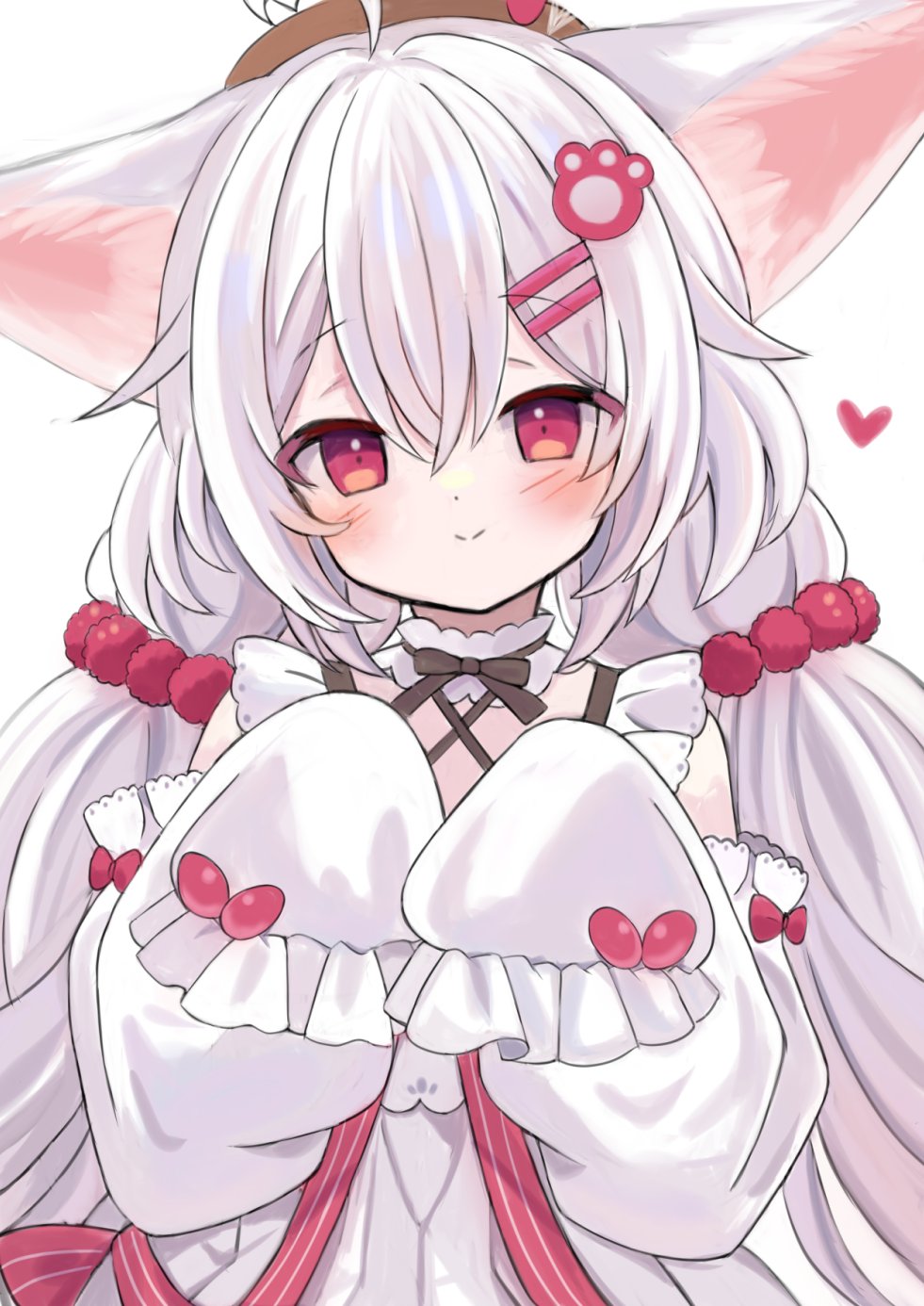 hane., flower knight girl, highres, 1girl, animal ears, blush, dress, hair ornament, inushouma (flower knight girl), long sleeves, red eyes, smile, upper body, white dress