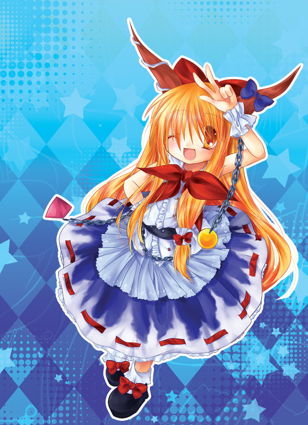 anna (small night), hane (x20285), ibuki suika, touhou, 1girl, chain, female focus, horns, oni, orange eyes, orange hair, ribbon, solo