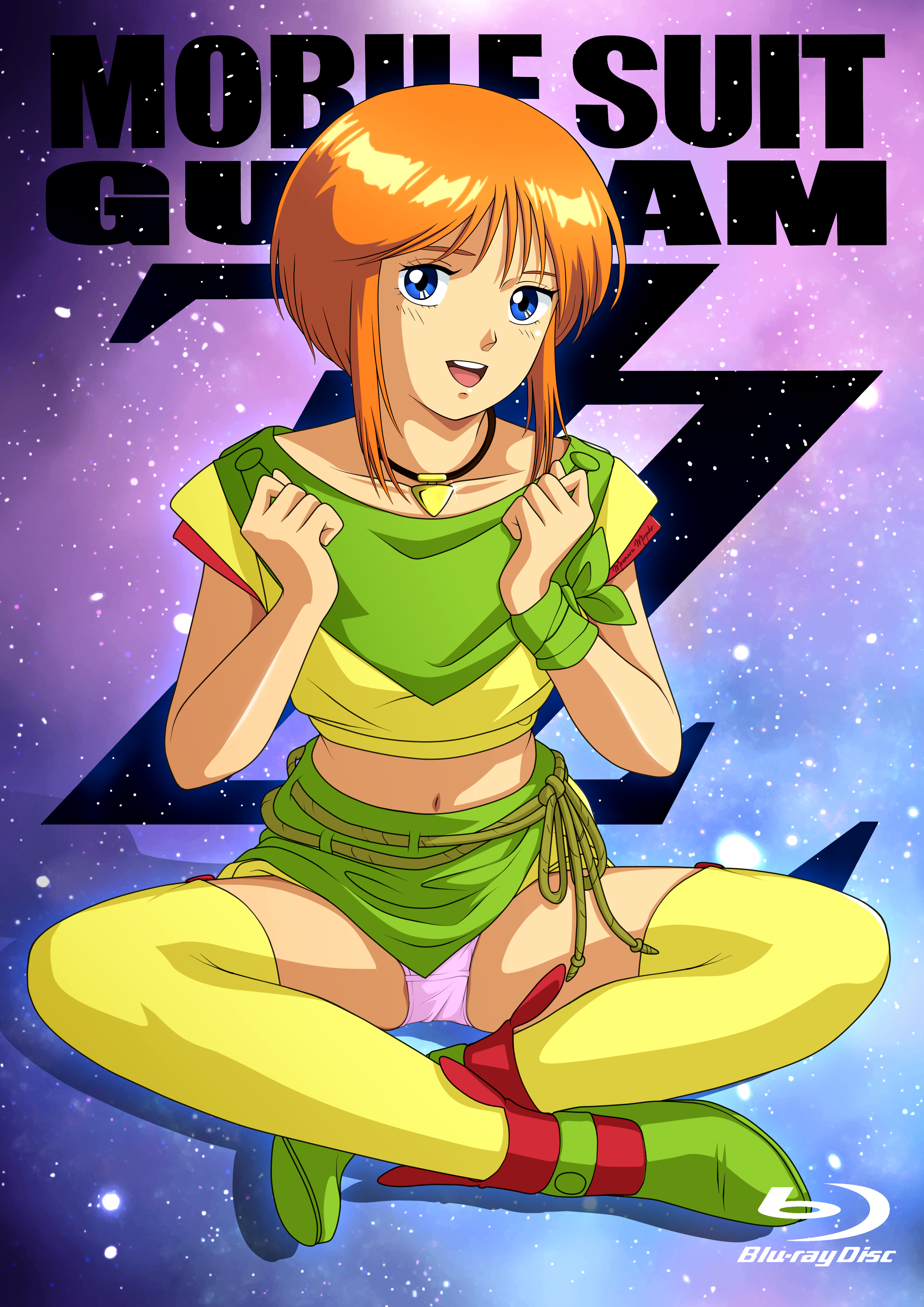 moemaru miyako, elpeo puru, gundam, gundam zz, 1980s (style), absurdres, highres, 1girl, blue eyes, clenched hands, collarbone, english text, flat chest, indian style, jewelry, kitazume hiroyuki (style), midriff, navel, necklace, nipples, oldschool, open mouth, orange hair, panties, pantyshot, pink panties, retro artstyle, science fiction, shoes, short hair, sidelocks, sitting, smile, solo, space, star (sky), teeth, thighhighs, thighs, underwear, upper teeth only, zettai ryouiki
