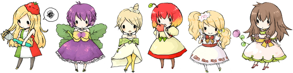 1st-mn, calla-chan, pansy-chan, pasta-chan, ramen-chan, ringo-chan, tsubomi-chan, original, 6+girls, chibi, everyone, food-themed clothes, multiple girls, personification