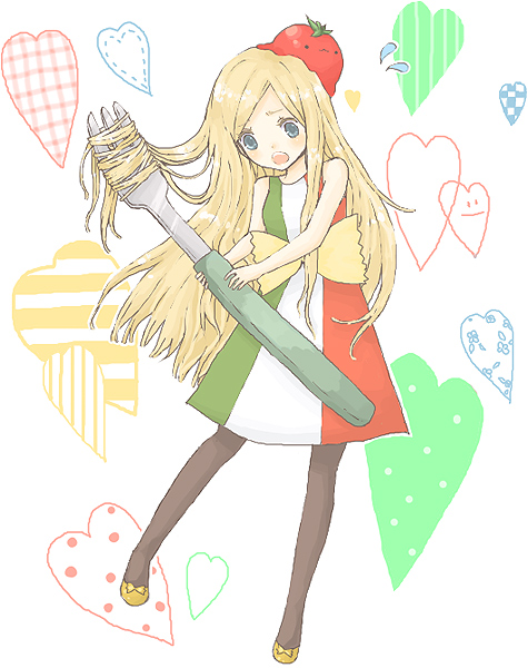 1st-mn, pasta-chan, original, 1girl, :3, blonde hair, blue eyes, dress, female focus, flying sweatdrops, food, food-themed clothes, food on head, fork, italy, long hair, object on head, open mouth, oversized object, pantyhose, personification, solo, tomato