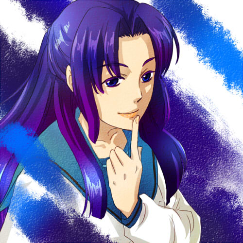 asakura ryoko, suzumiya haruhi no yuuutsu, bad id, bad pixiv id, lowres, 00s, 1girl, blue eyes, blue hair, female focus, half updo, long hair, matching hair/eyes, school uniform, serafuku, solo