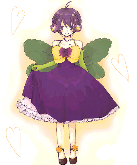 1st-mn, pansy-chan, original, dress, elbow gloves, gloves, leaf, purple eyes, purple hair, short hair, smile, solo