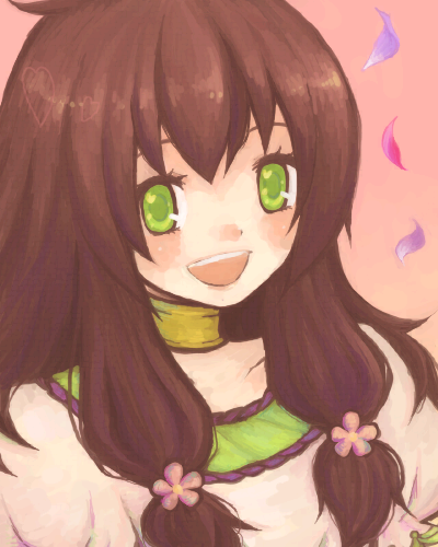 1st-mn, tsubomi-chan, original, bad id, bad pixiv id, lowres, blush, brown hair, green eyes, happy, long hair, solo