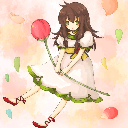 1st-mn, tsubomi-chan, original, lowres, brown hair, dress, flower, green eyes, long hair, solo