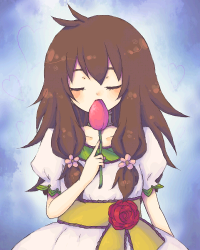 1st-mn, tsubomi-chan, original, bad id, bad pixiv id, lowres, blush, brown hair, closed eyes, dress, flower, long hair, smelling, solo