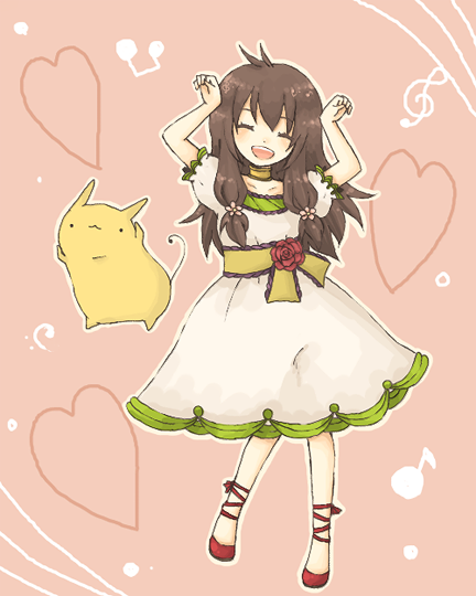 1st-mn, tsubomi-chan, brown hair, caramelldansen, closed eyes, dress, happy, long hair, smile, solo