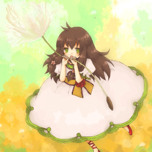 1st-mn, tsubomi-chan, original, lowres, 1girl, brown hair, dandelion, dress, female focus, flower, green eyes, long hair, solo
