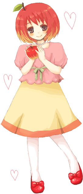 1st-mn, ringo-chan, original, 1girl, apple, dress, female focus, food, fruit, heart, holding, holding food, holding fruit, multicolored hair, pantyhose, pigeon-toed, short hair, smile, solo, two-tone hair