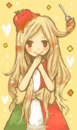1st-mn, pasta-chan, original, lowres, 1girl, blonde hair, blush, dress, female focus, food, food-themed clothes, food on head, fork, italy, long hair, object on head, orange eyes, personification, smile, solo, tomato