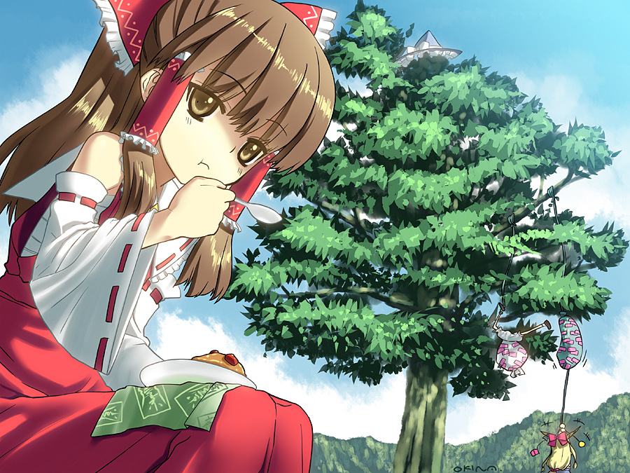 okina ika, hakurei reimu, ibuki suika, kirisame marisa, touhou, bad id, bad pixiv id, 3girls, bloomers, curry, eating, female focus, food, hat, horns, japanese clothes, miko, multiple girls, nature, outdoors, plant, ribbon, sky, tree, underwear