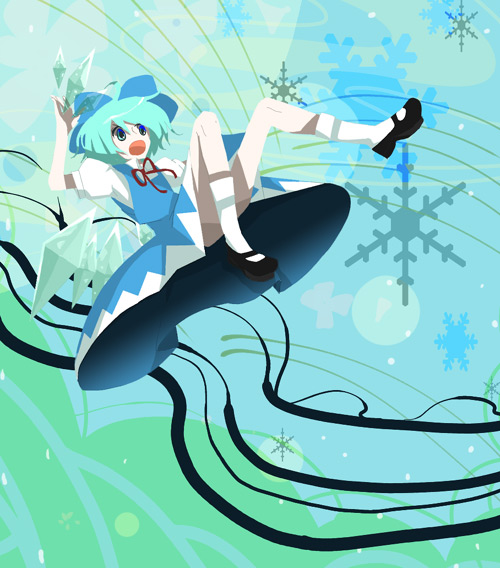 akiyama, cirno, embodiment of scarlet devil, touhou, bad id, bad pixiv id, 1girl, blue hair, dress, falling, female focus, flying, full body, ribbon, short hair, solo