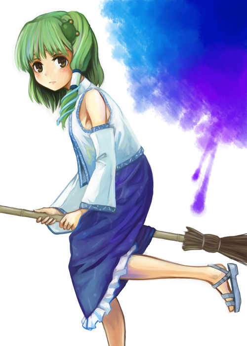 yakusa, kochiya sanae, touhou, bad id, bad pixiv id, 1girl, broom, broom riding, female focus, frog, green hair, japanese clothes, long hair, miko, sad, sandals, snake, solo