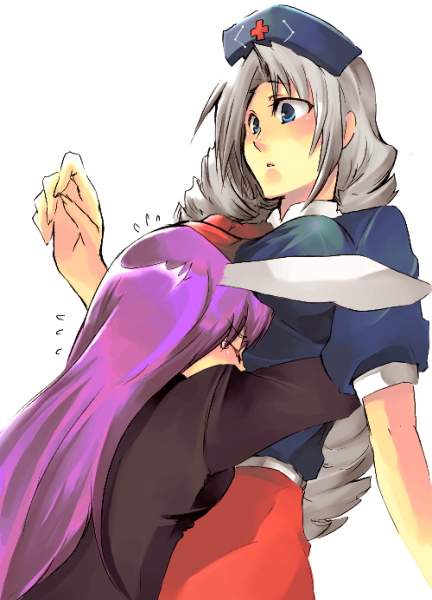 suzuka (once), reisen udongein inaba, yagokoro eirin, touhou, 2girls, animal ears, breasts, female focus, hat, long hair, multiple girls, purple hair, rabbit ears, simple background, standing, tears, white background, white hair