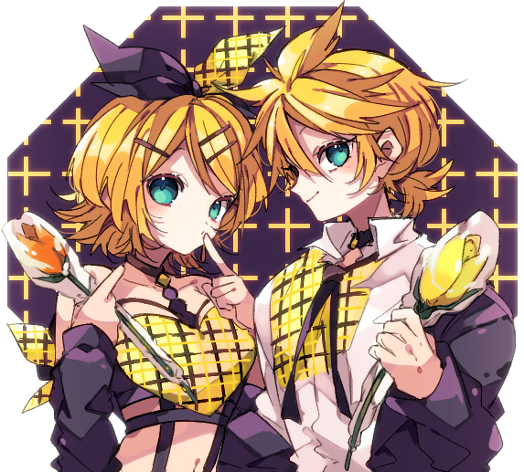 kaho 0102, kagamine len, kagamine rin, vocaloid, commentary request, 1boy, 1girl, black jacket, black ribbon, blonde hair, blush, closed mouth, collared shirt, double-parted bangs, flower, green eyes, hair between eyes, hair ornament, hairclip, holding, holding flower, jacket, long sleeves, looking at viewer, midriff, navel, neck ribbon, open clothes, open jacket, orange flower, orange tulip, parallel hairclips, purple background, ribbon, shirt, short hair, smile, tulip, upper body, white shirt, yellow flower, yellow tulip