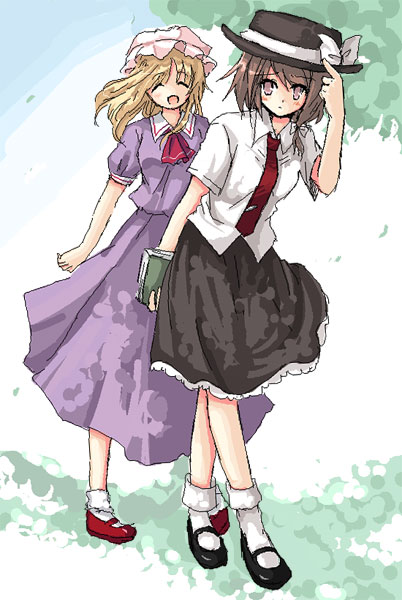yatosaki haru, maribel hearn, usami renko, ghostly field club, touhou, bad id, bad pixiv id, 2girls, blonde hair, brown hair, female focus, hat, long hair, multiple girls, nature, necktie, notebook, outdoors, plant, ribbon, short hair, skirt, sky, yatosaki
