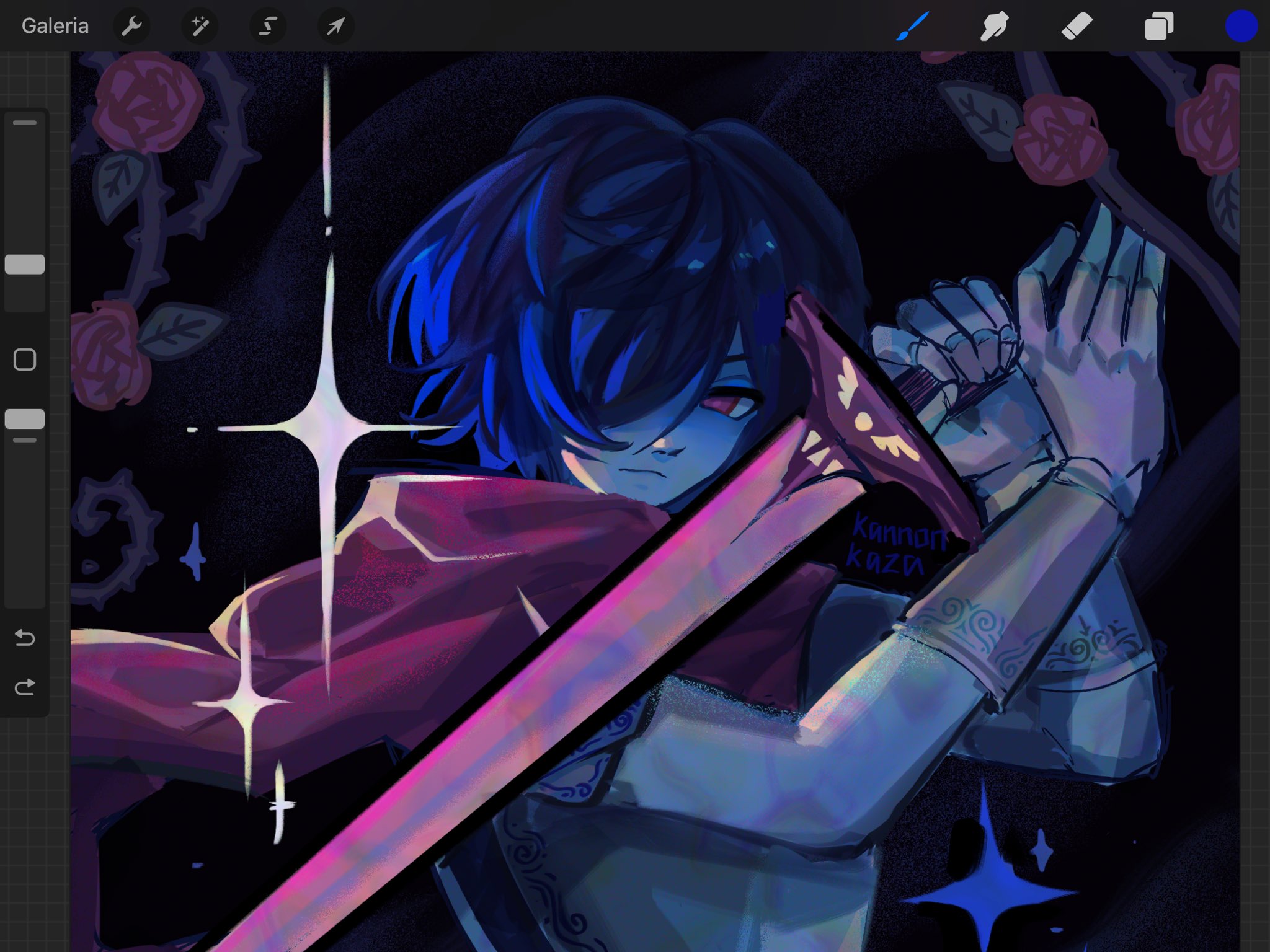 kris (dark world) (deltarune), kris (deltarune), deltarune, utdr (toby fox), highres, armor, armored gloves, art program in frame, blue hair, blue skin, cape, closed mouth, colored skin, flower, hair over one eye, holding, holding sword, holding weapon, kannonkaza, pink cape, plant, red eyes, red flower, red rose, rose, short hair, signature, sword, thorns, vines, weapon