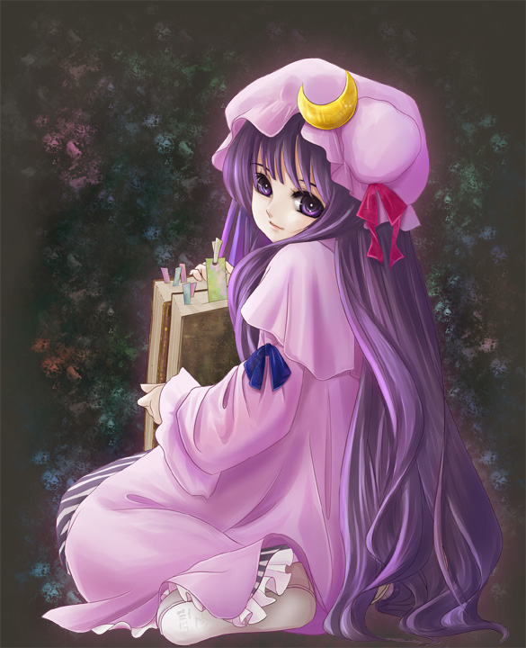 kubozuka pikurou, patchouli knowledge, touhou, 1girl, book, bow, female focus, hat, long hair, pink bow, purple hair, ribbon, solo
