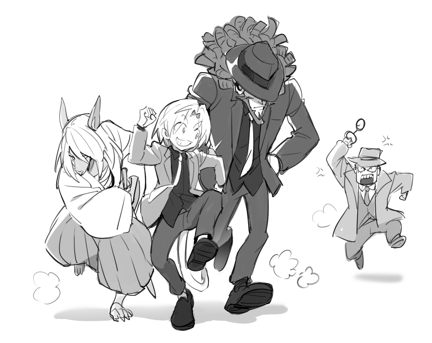 dede (qwea 00000), adelbert steiner, amarant coral, freya crescent, zidane tribal, final fantasy, final fantasy ix, highres, 1girl, 3boys, animal ears, beard, black shirt, black shoes, burmecian, cat tail, chasing, clawed feet, collared shirt, cuffs, dreadlocks, facial hair, fedora, full body, furrowed brow, greyscale, grin, hair between eyes, hakama, hakama pants, handcuffs, hat, holding, holding handcuffs, jacket, japanese clothes, long hair, monochrome, mouse ears, mouse girl, multiple boys, necktie, pants, parted bangs, running, shirt, shoes, short hair, shouting, smile, suit jacket, tail, vest, waistcoat, white background, white necktie