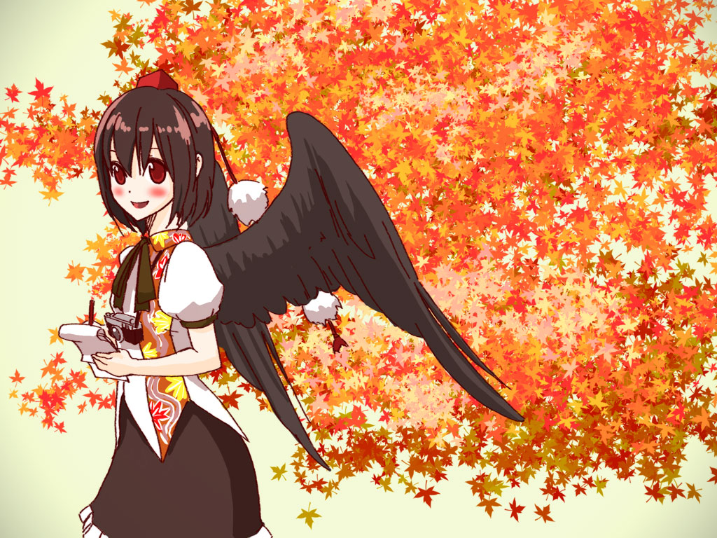chiaki (pixiv), shameimaru aya, touhou, 1girl, black hair, black wings, blush, camera, female focus, leaf, looking at viewer, notebook, open mouth, pen, short hair, smile, solo, wings