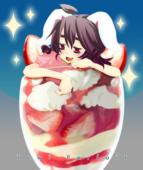 758 (srm), inaba tewi, touhou, 1girl, animal ears, black hair, cup, english text, female focus, food, fruit, in container, in cup, in food, mini person, minigirl, parfait, rabbit ears, short hair, solo, strawberry, strawberry parfait, sweets