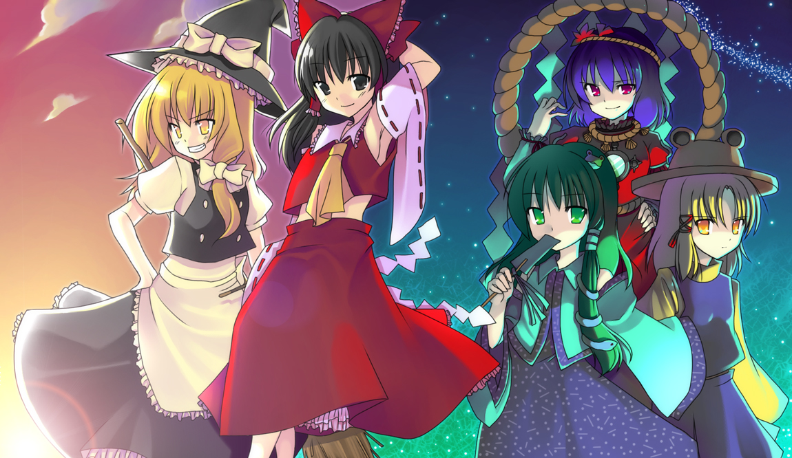 shimizu, shizuki mizuha, hakurei reimu, kirisame marisa, kochiya sanae, moriya suwako, yasaka kanako, touhou, bad id, bad pixiv id, 5girls, blonde hair, blue hair, female focus, frog, gohei, green hair, hat, japanese clothes, long hair, miko, multiple girls, ribbon, rope, short hair, snake