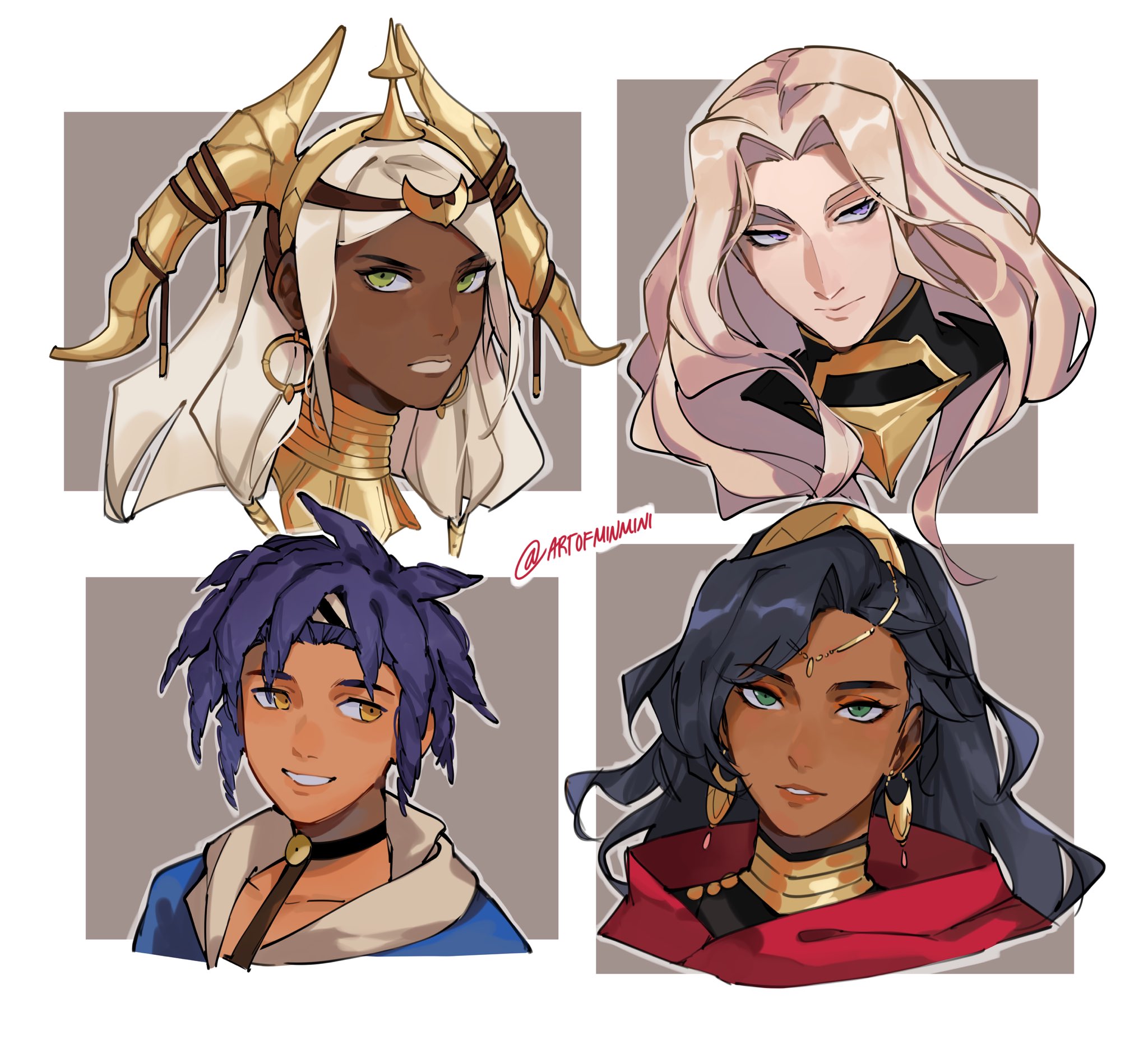 minmini, dietrich (fire emblem), leda (fire emblem), theodora (fire emblem), fire emblem, fire emblem: fortune's weave, nintendo, highres, 2boys, 2girls, blonde hair, blue eyes, blue hair, blue hoodie, cai (fire emblem), dark-skinned female, dark-skinned male, dark skin, earrings, gold earrings, high ponytail, hood, hood down, hoodie, jewelry, multiple boys, multiple girls, ponytail, two-tone hoodie, white hoodie