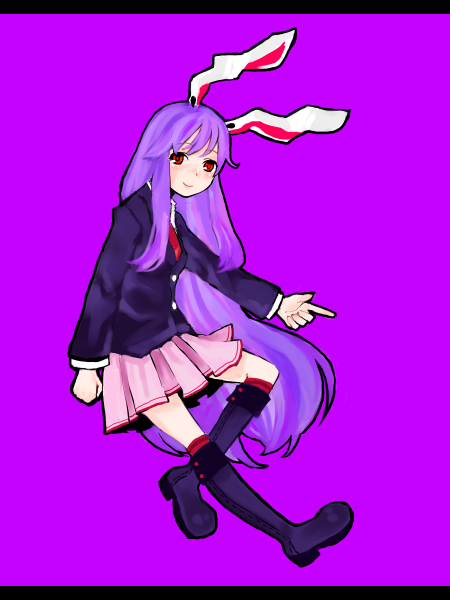 tan (tangent), ted (artist), reisen udongein inaba, touhou, bad id, bad pixiv id, 1girl, animal ears, female focus, letterboxed, long hair, purple background, purple hair, rabbit ears, red eyes, skirt, solo