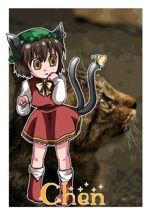 4c (artist), mito ayame, chen, touhou, bad id, bad pixiv id, 1girl, animal ears, bug, butterfly, cat, cat ears, cat tail, china dress, chinese clothes, dress, earrings, female focus, hat, jewelry, short hair, solo, tail