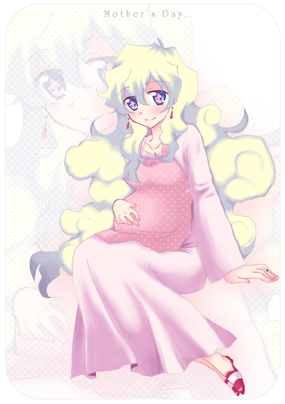 hazuki (pacco), nia teppelin, tengen toppa gurren lagann, 00s, 1girl, blue eyes, earrings, female focus, good end, jewelry, long hair, pregnant, smile, solo