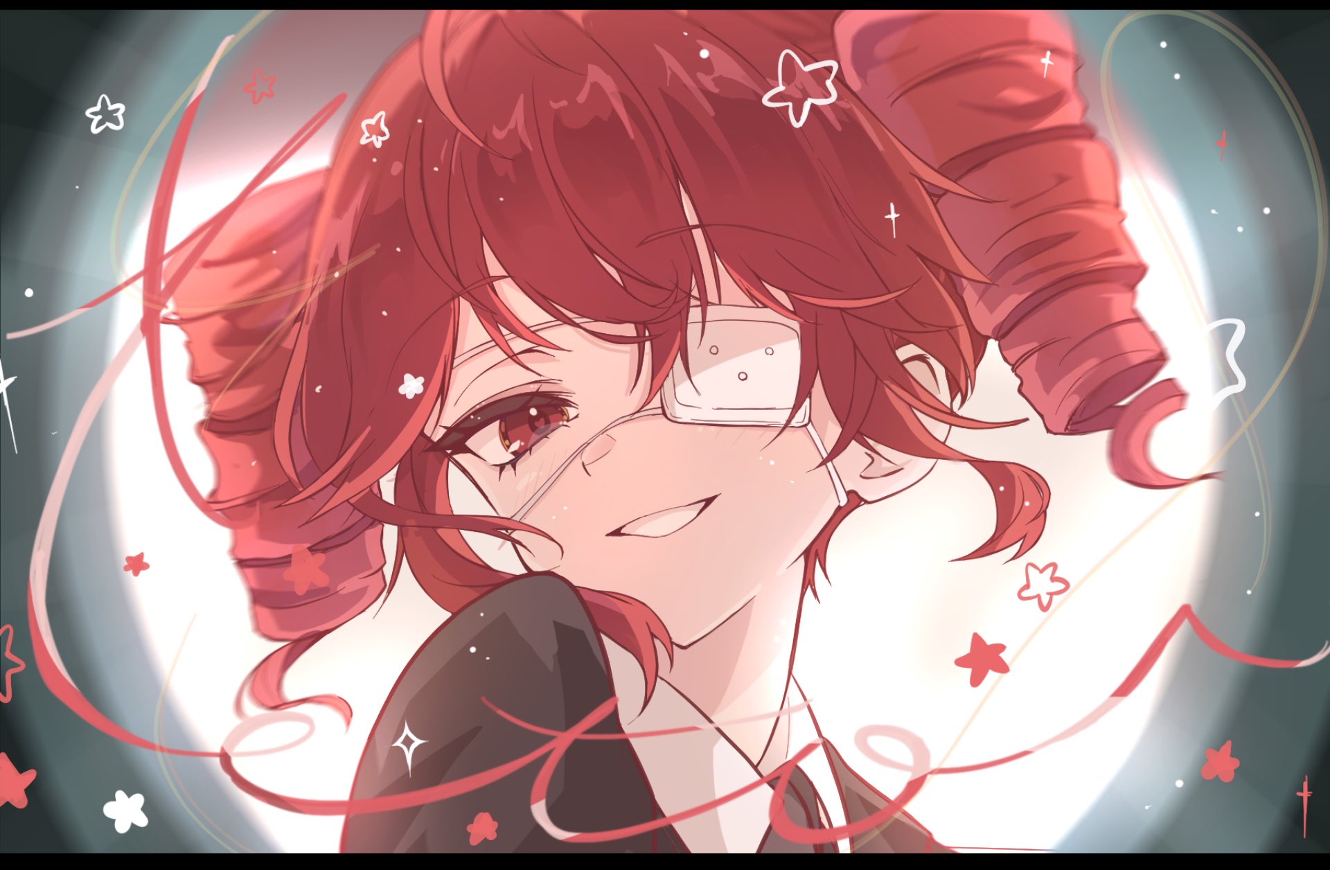 ramie li, kasane teto, monitoring (vocaloid), utau, hashtag-only commentary, highres, 1girl, brown jacket, drill hair, eyepatch, grin, jacket, looking at viewer, portrait, red eyes, red hair, short hair, smile, solo, twin drills