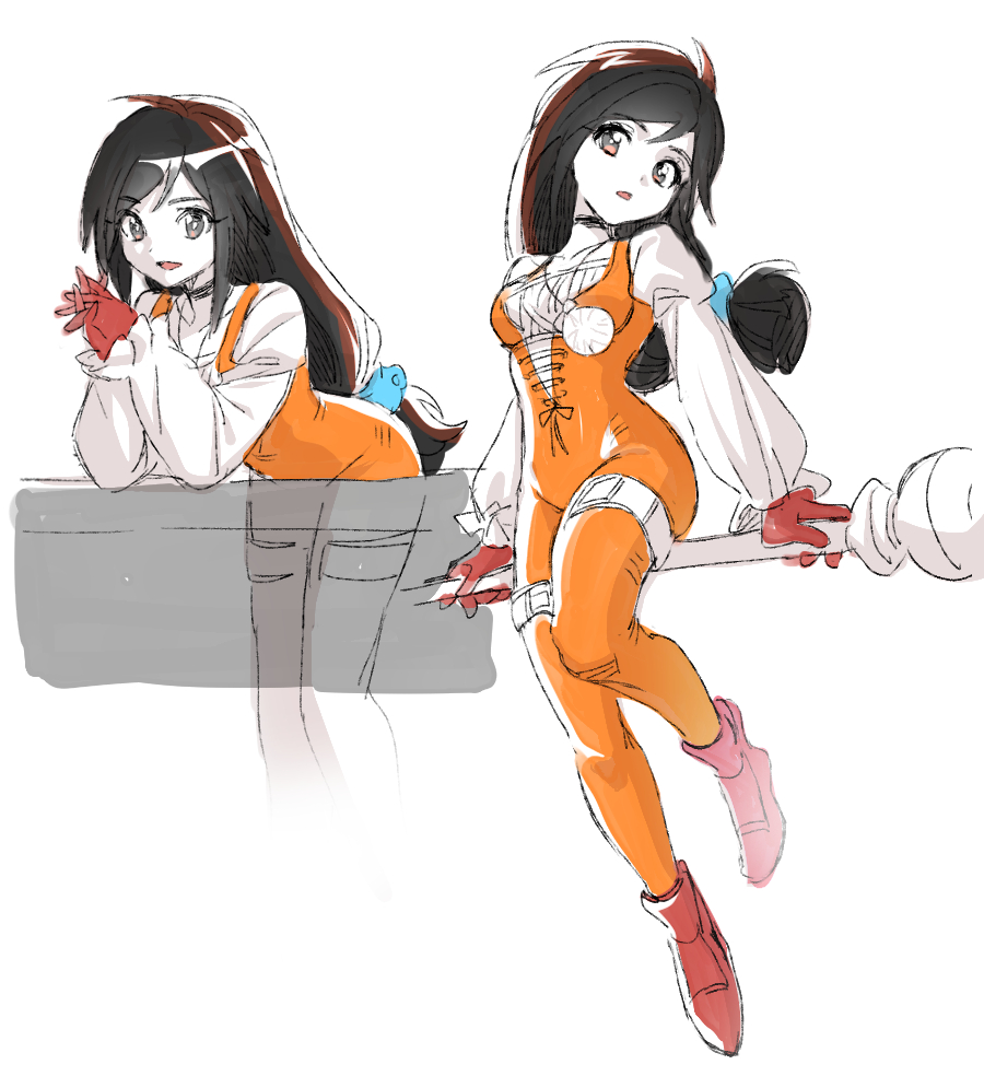 dede (qwea 00000), garnet til alexandros xvii, final fantasy, final fantasy ix, 1girl, bent over, black choker, black hair, bodysuit, boots, breasts, brown eyes, choker, crystal, full body, gloves, hair ornament, hairclip, holding, holding staff, jewelry, long hair, low-tied long hair, medium breasts, multiple views, orange bodysuit, own hands clasped, own hands together, parted lips, pendant, red boots, red gloves, shirt, sketch, smile, solo, staff, thigh strap, white background, white shirt