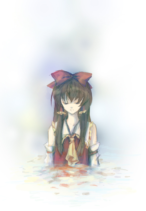 kamui (kamuikaoru), kamuikaoru, hakurei reimu, touhou, bad id, bad pixiv id, 1girl, female focus, japanese clothes, miko, ribbon, solo, water