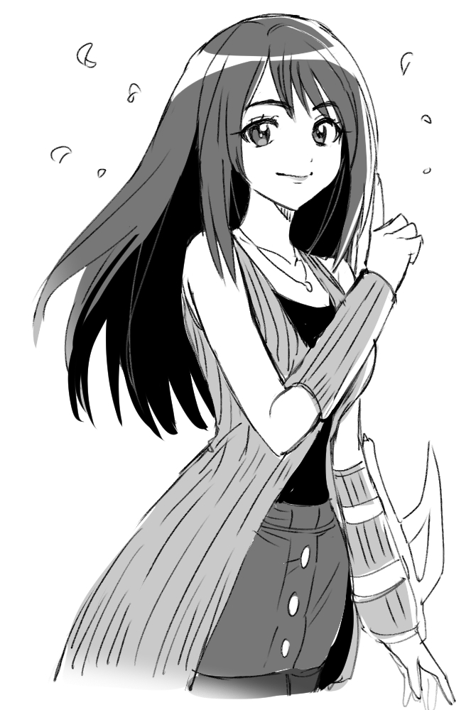 dede (qwea 00000), rinoa heartilly, final fantasy, final fantasy viii, 1girl, arm blade, arm warmers, bare shoulders, black shirt, black shorts, breasts, closed mouth, cowboy shot, falling petals, greyscale, jewelry, long hair, looking at viewer, medium breasts, miniskirt, monochrome, necklace, petals, pointing, ring, ring necklace, shirt, shorts, sketch, skirt, smile, solo, straight hair, weapon, white background