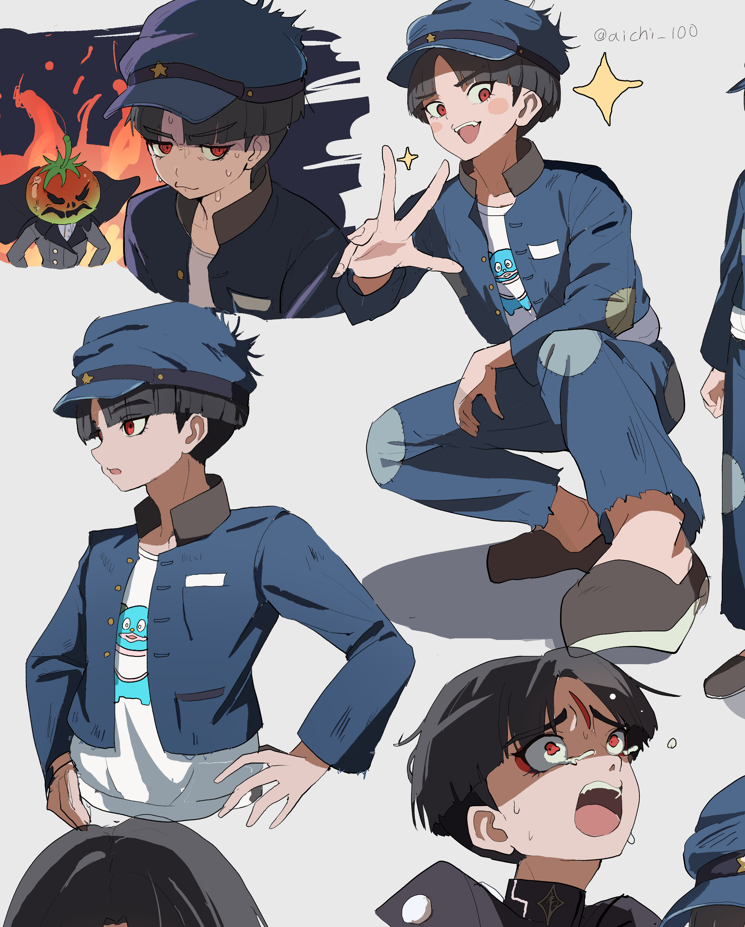 pakimoti, maruko gaku, oosuzuki kurara, the hundred line -last defense academy-, absurdres, commentary request, highres, 1boy, 1girl, angry, arm on own leg, black hair, blue hat, blue jacket, blue pants, blush stickers, crying, crying with eyes open, eyeliner, facial mark, forehead mark, gakuran, hat, jacket, last defense academy school uniform, looking ahead, looking at viewer, looking to the side, makeup, male focus, masked, multiple views, nervous sweating, outstretched hand, pants, print shirt, red eyeliner, red eyes, school uniform, shirt, short hair, simple background, sparkle, squatting, sweat, tears, teeth, tomato, twitter username, upper teeth only, white background, white shirt, wide-eyed