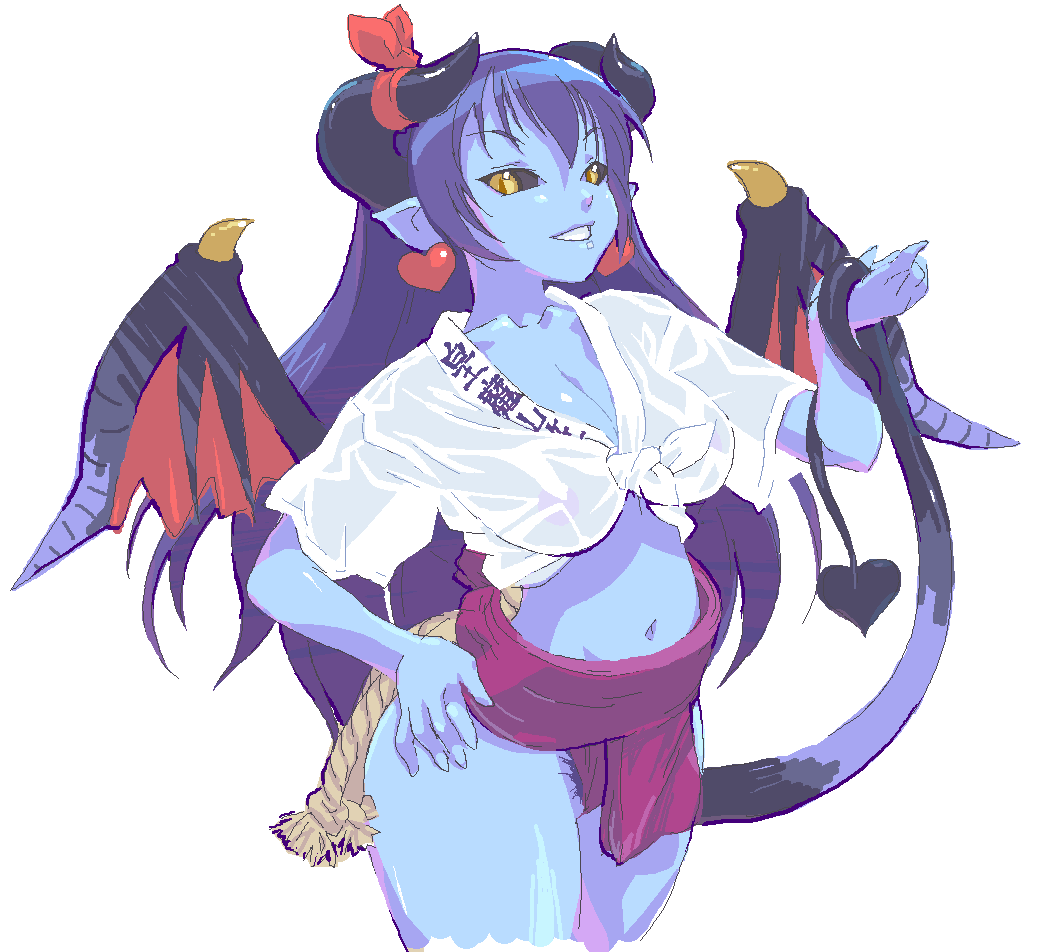 sakenotorii, astaroth (shinrabanshou), shinrabanshou, 1girl, black sclera, blue skin, colored sclera, colored skin, demon, demon girl, demon tail, demon wings, female focus, female pubic hair, fundoshi, horns, japanese clothes, long hair, midriff, multicolored hair, oekaki, pubic hair, see-through clothes, solo, tail, two-tone hair, wings