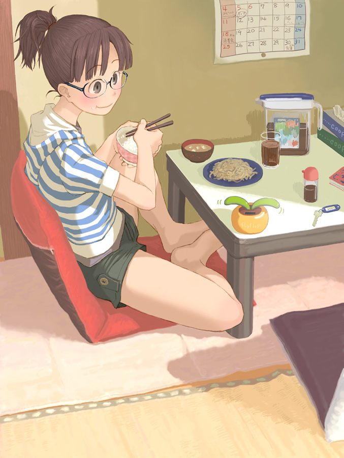 ikagawa, quzilax, striped, bad id, 1girl, barefoot, brown hair, chopsticks, cup, drink, eating, female focus, food, glasses, hood, hoodie, ponytail, rice, short hair, shorts, sitting, smile, solo
