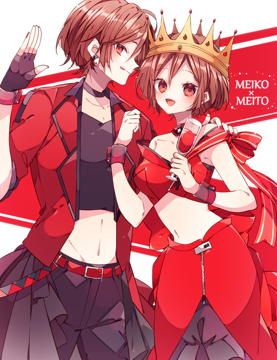kaho 0102, meiko (vocaloid), meito (vocaloid), vocaloid, commentary request, highres, 1boy, 1girl, :d, :p, alcohol, bare shoulders, belt, black choker, black gloves, black pants, black shirt, black skirt, blush, brown hair, character name, choker, closed mouth, cowboy shot, crop top, cropped jacket, cropped shirt, crown, cup, double-parted bangs, drinking glass, fingerless gloves, gloves, hair between eyes, hand up, holding, holding cup, jacket, midriff, nail polish, navel, open clothes, open jacket, open mouth, pants, red background, red belt, red jacket, red nails, red ribbon, ribbon, shirt, short-sleeved jacket, short hair, short sleeves, skirt, sleeveless, sleeveless jacket, smile, tongue, tongue out, wine, wine glass, wrist cuffs