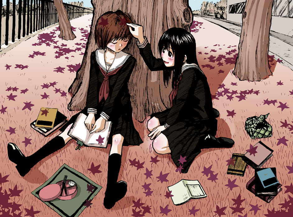 ikagawa, quzilax, original, 2girls, autumn, bento, blush, book, closed eyes, kneeling, leaf, multiple girls, poking, school uniform, serafuku, sleeping, tree