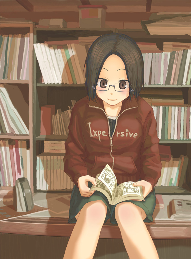 ikagawa, quzilax, 1girl, blush, book, brown hair, female focus, glasses, open book, reading, short hair, sitting, smile, solo