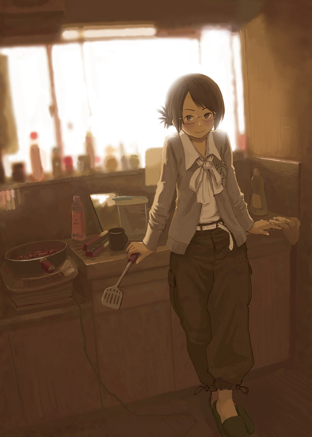 ikagawa, quzilax, original, 1girl, baggy pants, blush, brown hair, female focus, frying pan, glasses, kitchen, pants, short hair, slippers, smile, solo