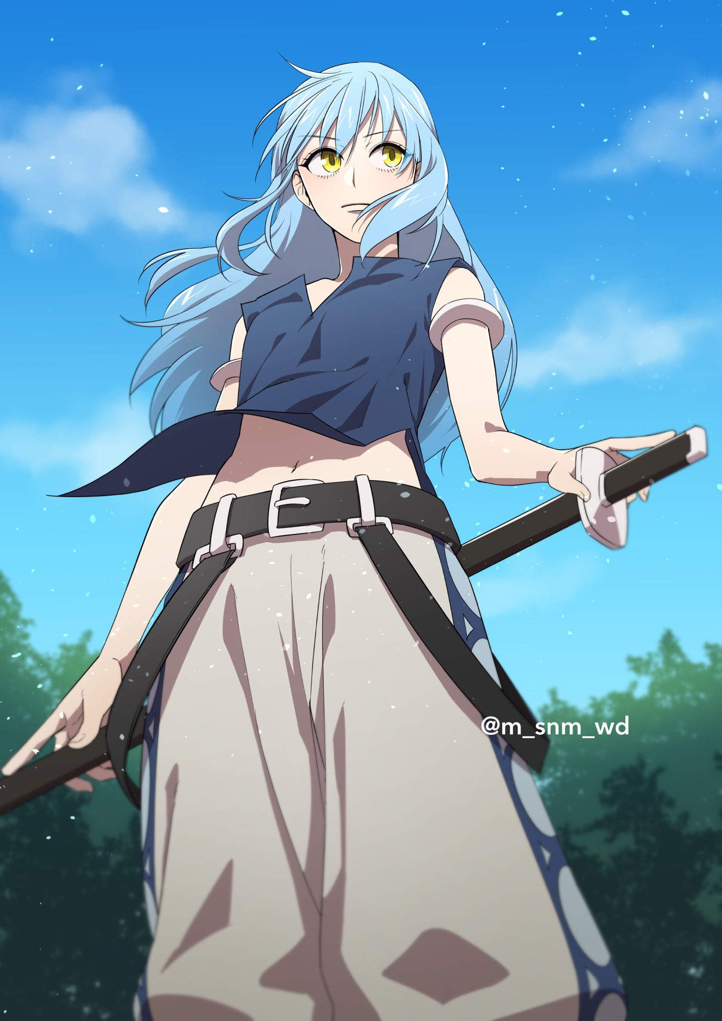 nakumonaga uma, rimuru tempest, tensei shitara slime datta ken, highres, 1girl, armlet, blue hair, blue sky, closed mouth, holding, holding weapon, jewelry, long hair, looking to the side, navel, pants, sidelocks, sky, solo, twitter username, weapon, yellow eyes