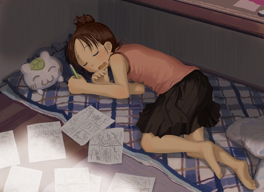 ikagawa, quzilax, drawing, 1girl, :3, barefoot, blush, brown hair, closed eyes, female focus, futon, lying, paper, pen, short hair, sleeping, solo