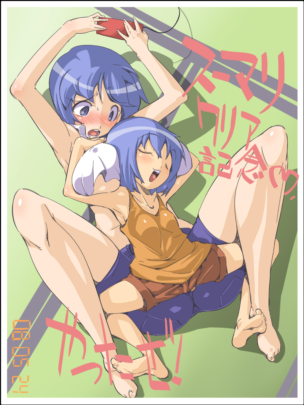 chris (mario), original, highres, 2girls, armpits, barefoot, between breasts, blue eyes, blue hair, blush, breast pillow, breast rest, breasts, camisole, closed eyes, covered erect nipples, feet, flat chest, grabbing another's breast, groping, huge breasts, multiple girls, short hair, shorts, sleeping, sweat, sweatdrop