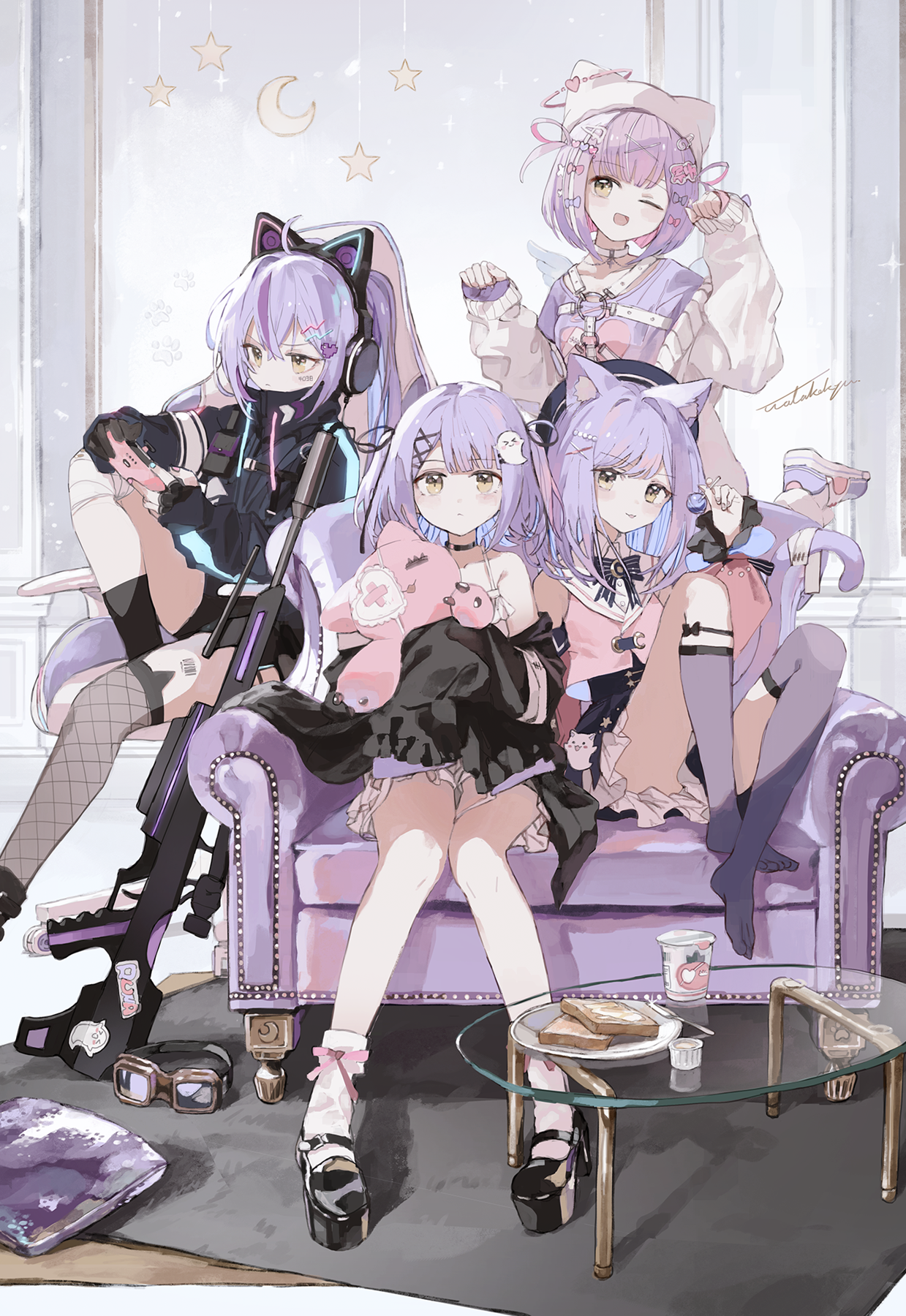 watakokyu, shinomiya runa, shinomiya runa (1st costume), shinomiya runa (2nd costume), shinomiya runa (3rd costume), shinomiya runa (4th costume), vspo!, commentary request, highres, 4girls, animal ear fluff, animal ear headphones, animal ears, bare legs, black coat, black jacket, black shoes, black socks, blue hair, bow, bread, bread slice, candy, cardigan, cat ear headphones, cat ears, cat girl, cat tail, chair, coat, colored inner hair, controller, couch, crescent, cup, dress, fake animal ears, fishnet thighhighs, fishnets, food, foot out of frame, frown, full body, gaming chair, ghost hair ornament, glass table, goggles, grey socks, gun, hair bow, hair ornament, harness, hat, headphones, heart, heart hair ornament, holding, holding candy, holding controller, holding food, holding lollipop, holding stuffed toy, indoors, jacket, kneehighs, knees up, leaning on object, lollipop, long hair, looking at viewer, multicolored hair, multiple girls, multiple persona, no shoes, o-ring, o-ring harness, off shoulder, official alternate costume, official alternate hair length, official alternate hairstyle, one eye closed, pink bow, pink shirt, plate, platform shoes, purple bow, purple hair, purple shirt, purple shoes, rifle, sailor collar, shirt, shoes, single thighhigh, sitting, skirt, sleeves past fingers, sleeves past wrists, smile, socks, standing, standing on one leg, star (symbol), streaked hair, stuffed toy, swivel chair, table, tail, thighhighs, thighs, toast, two side up, undershirt, virtual youtuber, weapon, white cardigan, white dress, white hat, white sailor collar, white skirt, white socks, x hair ornament, yellow eyes