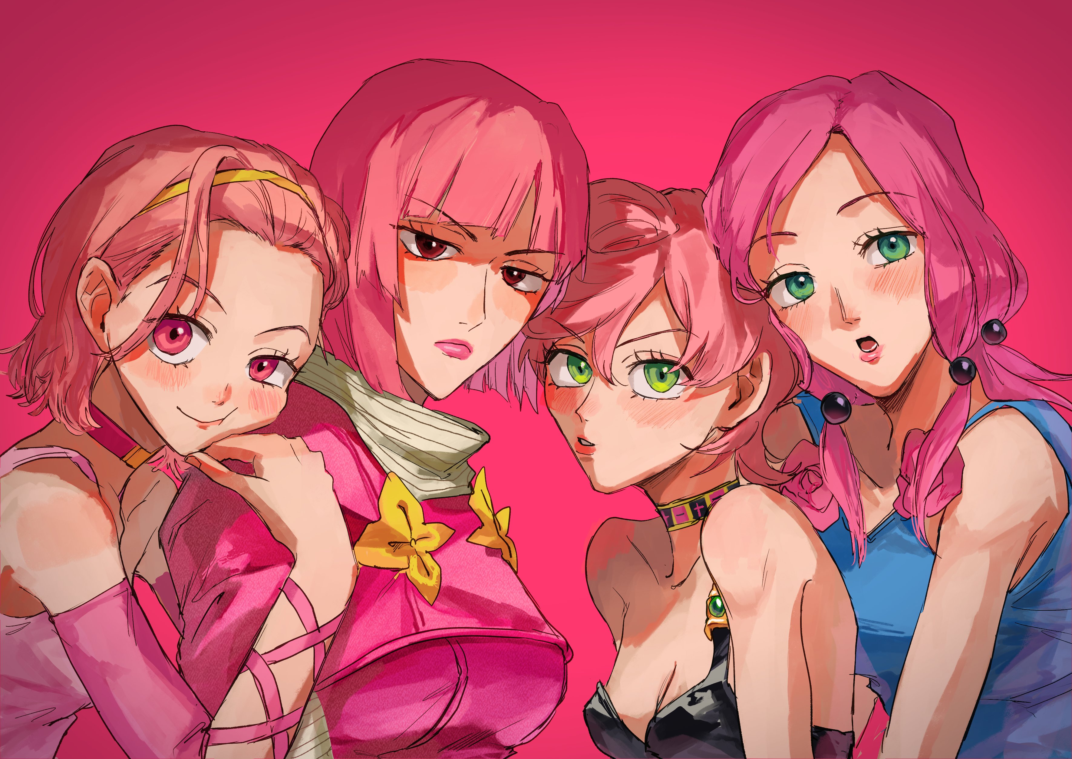 orion on rio, hirose yasuho, hot pants (sbr), sugimoto reimi, trish una, diamond wa kudakenai, jojo no kimyou na bouken, jojolion, steel ball run, vento aureo, absurdres, commentary request, highres, 4girls, bare shoulders, blue shirt, blush, breasts, capelet, cleavage, color connection, detached sleeves, dress, flower ornament, green eyes, grey scarf, hair bobbles, hair color connection, hair ornament, hairband, in-franchise crossover, long hair, looking at viewer, makeup, medium breasts, multicolored choker, multiple girls, parted bangs, pink background, pink capelet, pink dress, pink eyes, pink hair, pink lips, pink sleeves, red eyes, scarf, shirt, short hair, smile, time paradox, trait connection, upper body, yellow hairband