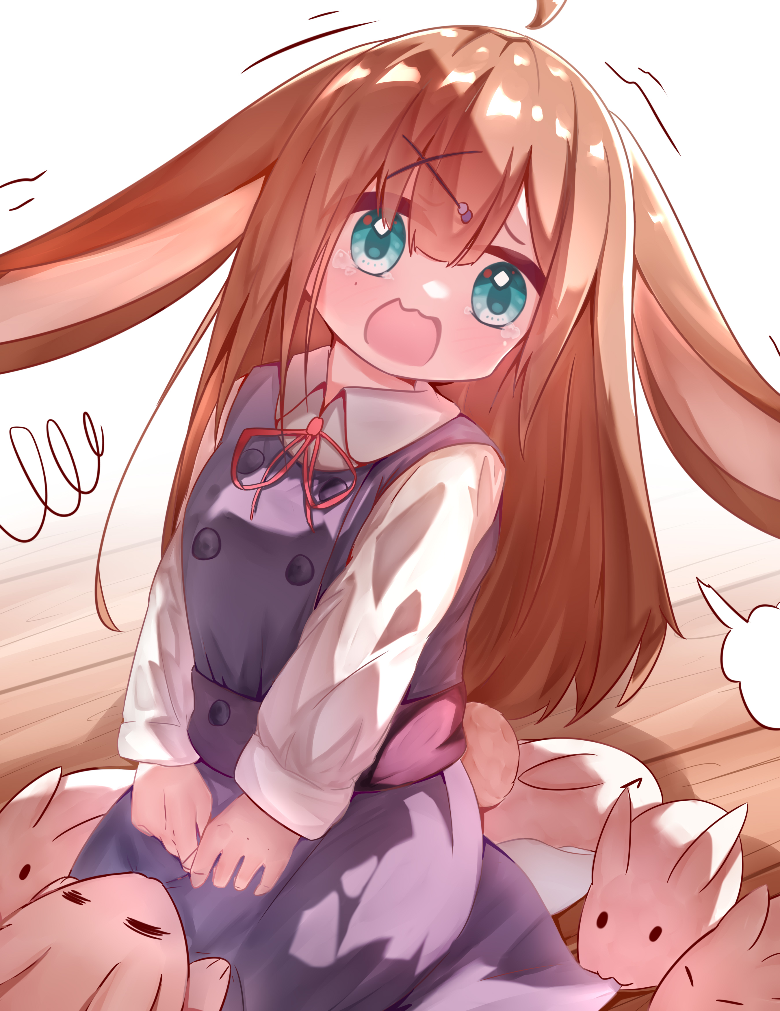 zun bian, original, absurdres, highres, 1girl, animal ears, blue dress, blue eyes, blush, brown hair, dress, long hair, open mouth, rabbit, rabbit ears, rabbit girl, rabbit tail, school uniform, shirt, sitting, socks, tail, tears, white shirt, white socks