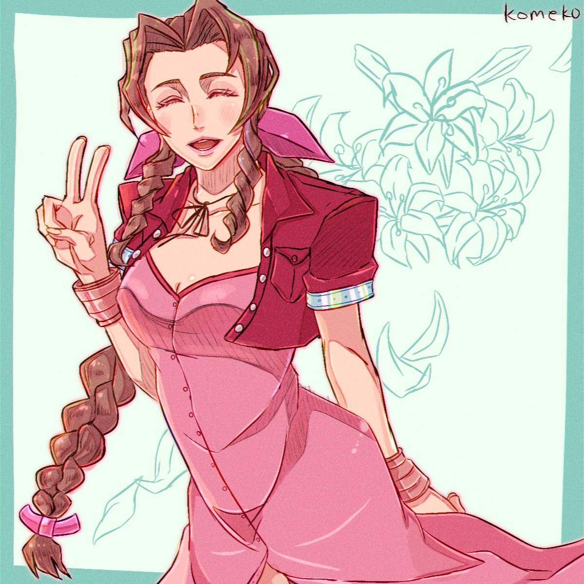 komeko (strikek-lvvjm27), aerith gainsborough, final fantasy, final fantasy vii, highres, 1girl, arm behind back, artist name, bangle, bracelet, breasts, brown hair, buttons, center opening, choker, cleavage, closed eyes, cowboy shot, cropped jacket, dress, floral background, flower, green background, hair ribbon, jacket, jewelry, light blush, lily (flower), long dress, long hair, medium breasts, open mouth, parted bangs, pink ribbon, puffy short sleeves, puffy sleeves, red jacket, ribbon, ribbon choker, short sleeves, sidelocks, smile, solo, v