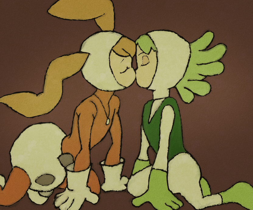 kaiba (character), neiro, kaiba, 00s, 1boy, 1girl, animal ears, arm support, blonde hair, bodysuit, brown background, closed eyes, couple, gloves, green hair, headscarf, hetero, kiss, kneeling, rabbit ears, simple background, skin tight, white gloves, white headscarf